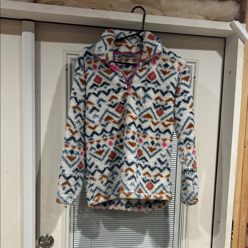 Eddie Bauer Cream Sherpa Pullover with Blue, Pink & Brown Pattern